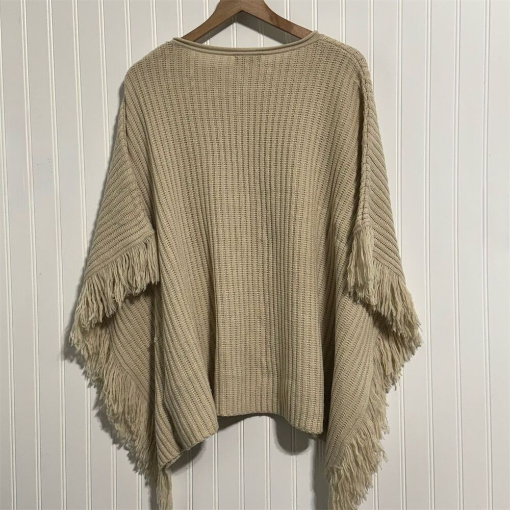 Création L Merino Wool‎ Blend Fringe Poncho Sweater Oversize Knit Beige Germany - Picture 2 of 7